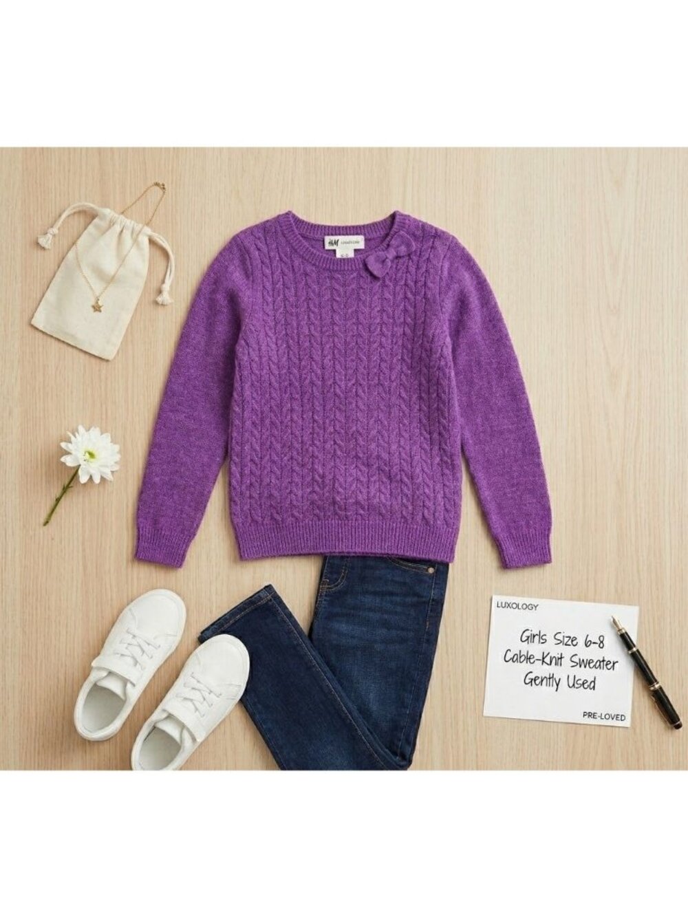 H&M Girls Purple Cable Knit Sweater Size 6-8Y Angora Blend Made In Cambodia